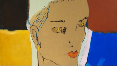 Pintura de Romero D. Fran: rostro femenino de trazo sencillo sobre planos de color amarillo, azul y ocre